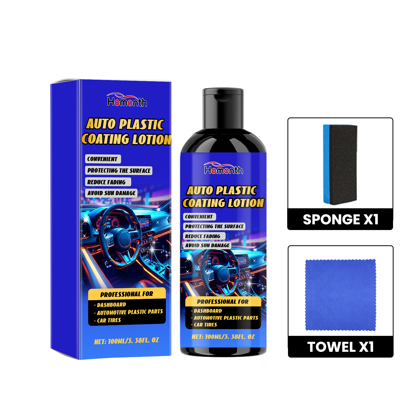 Bottle sponge towel and box ready for car detailing