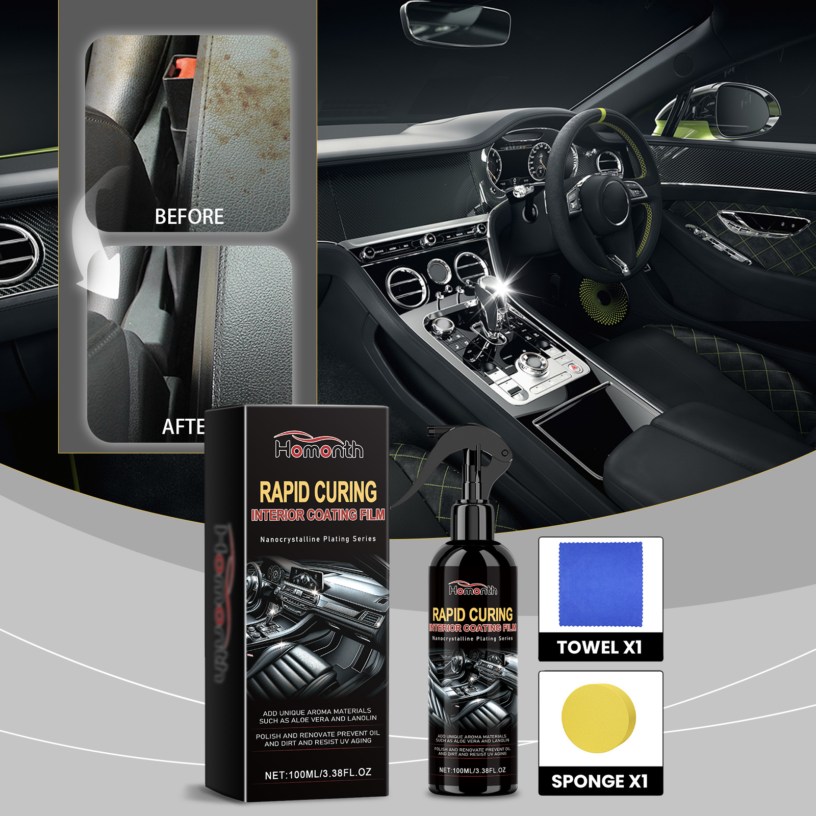 Automotive interior before and after treatment panel