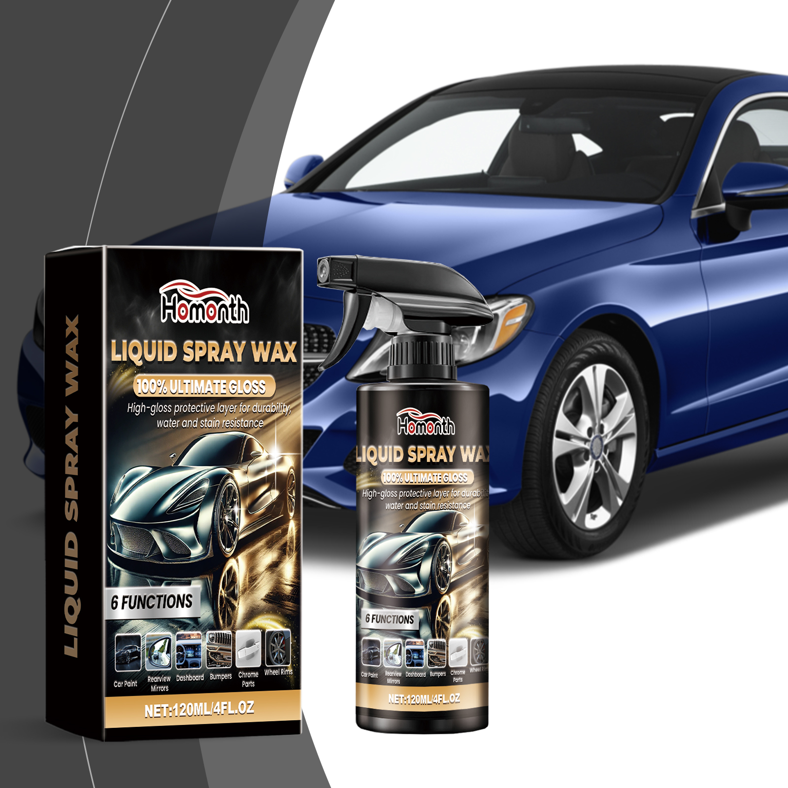 Spray wax bottle beside bright reflective vehicle paint