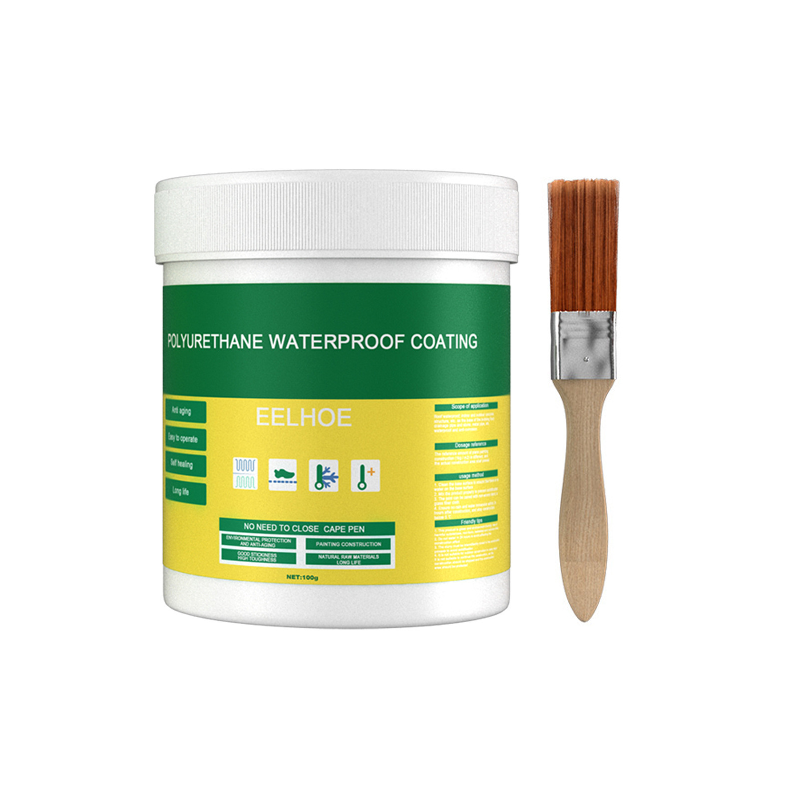 Natural wood-handled brush beside waterproof coating