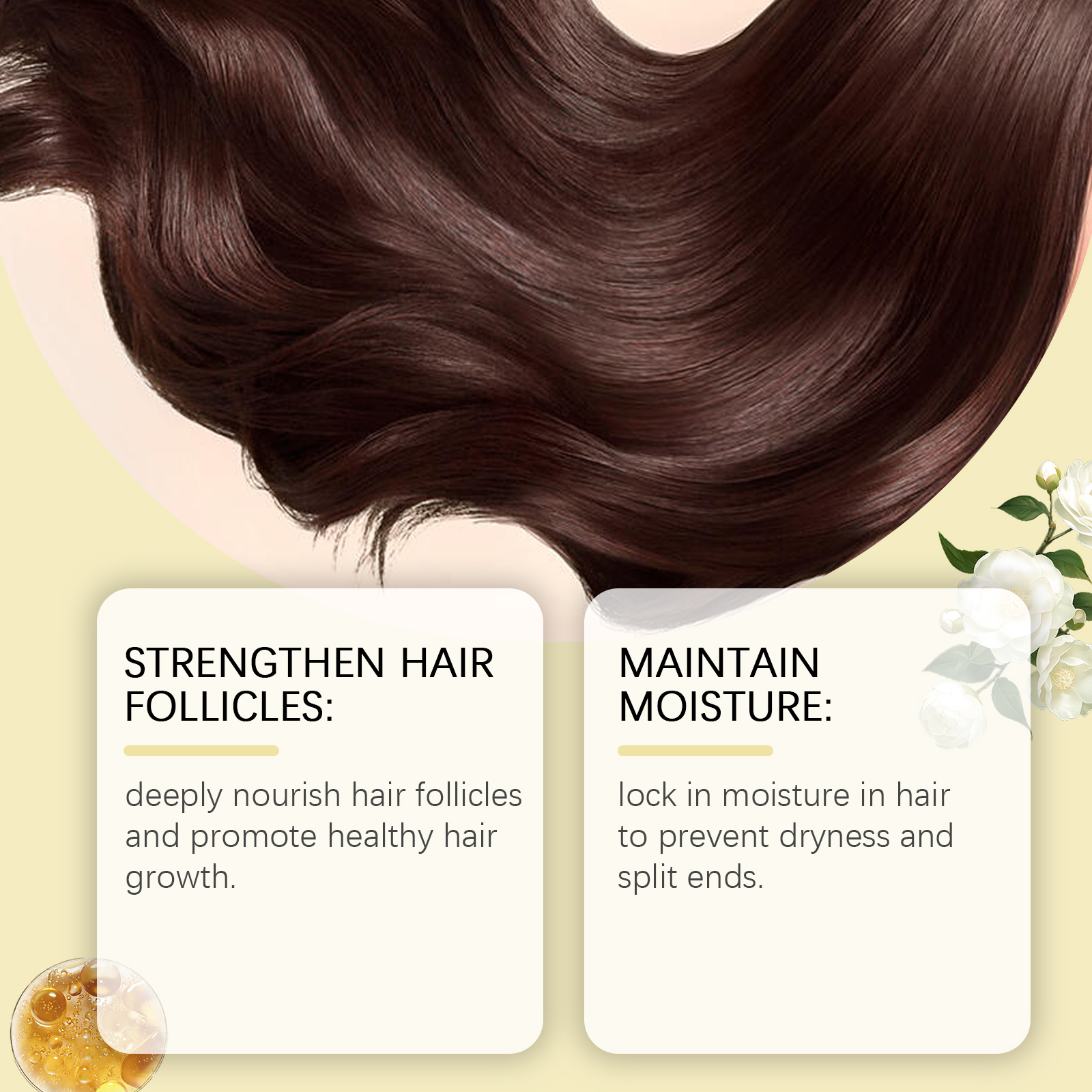 Glossy brown hair beside camellia oil care benefits