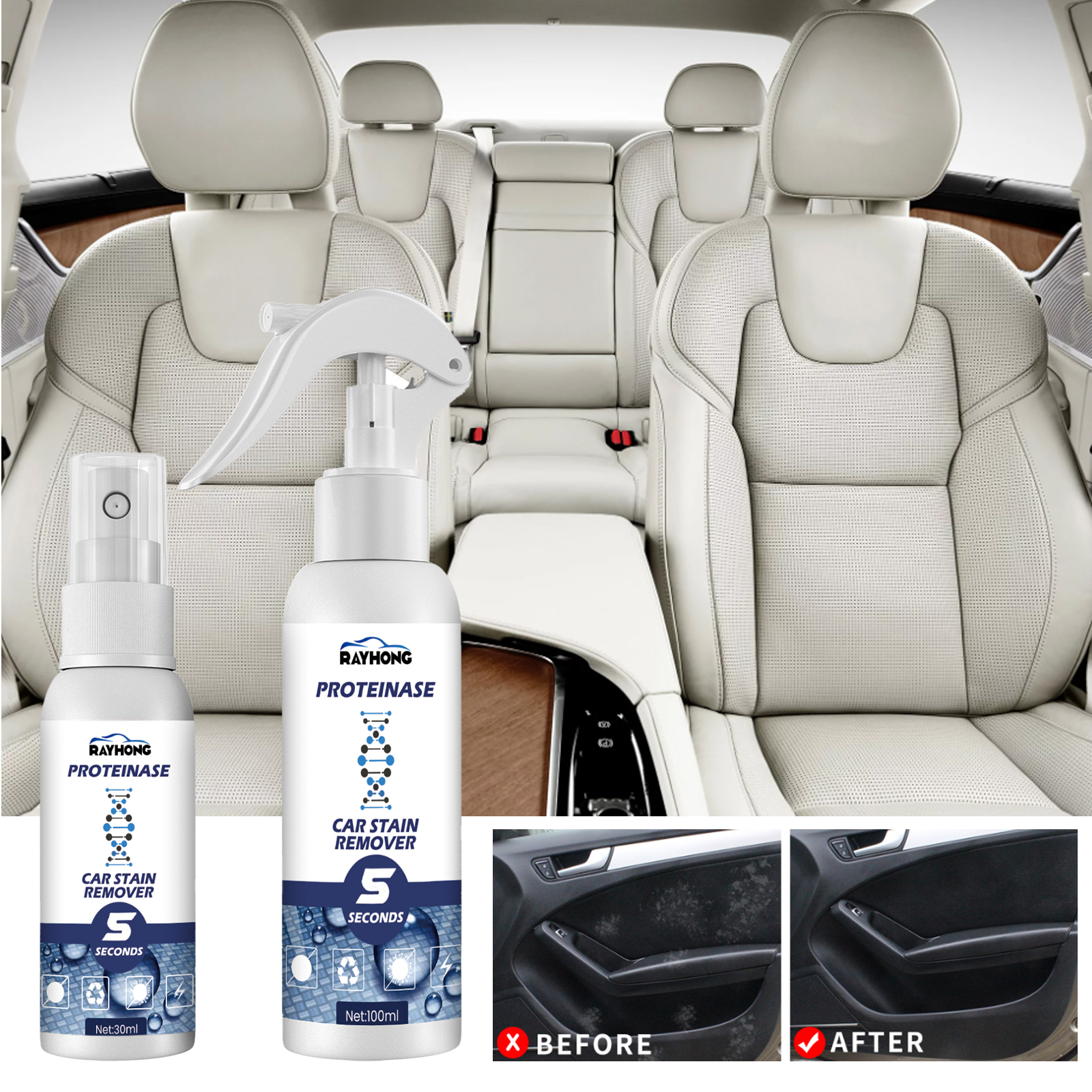 Before-and-after car door panel stain treatment
