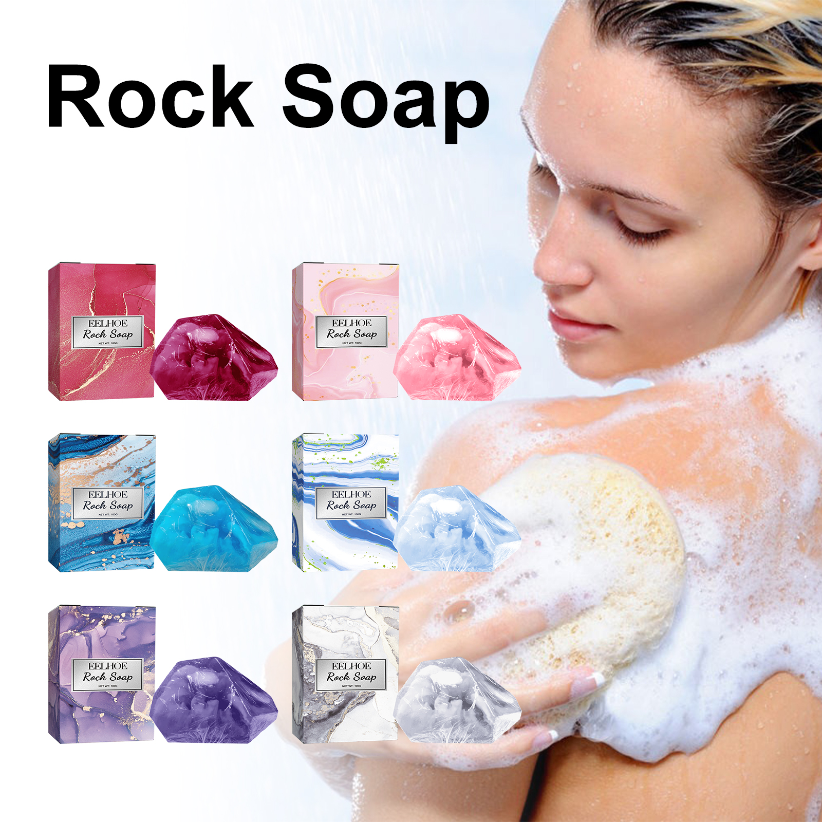 Woman creating abundant lather with colorful Rock Soap