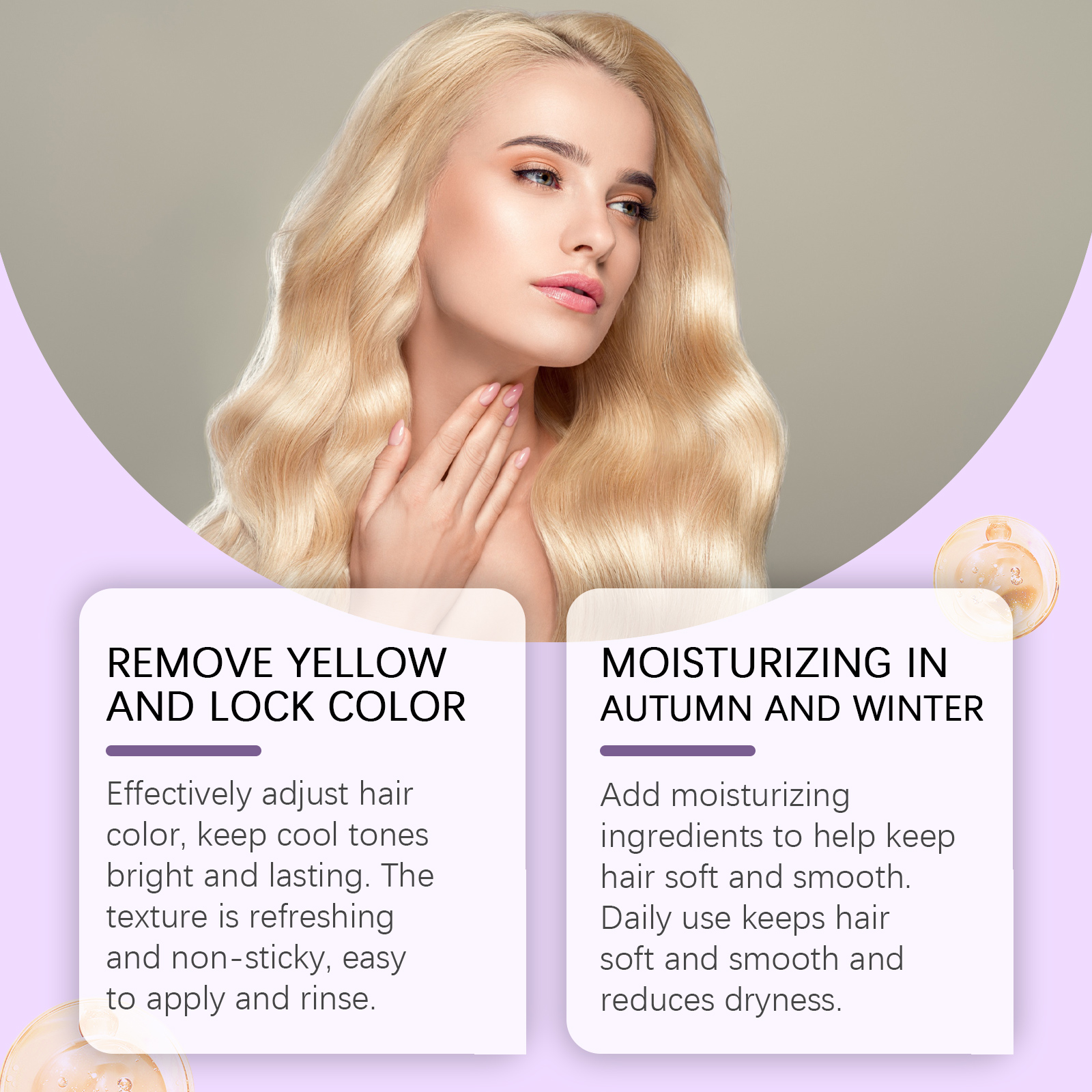 Blonde hair model with purple conditioner benefits