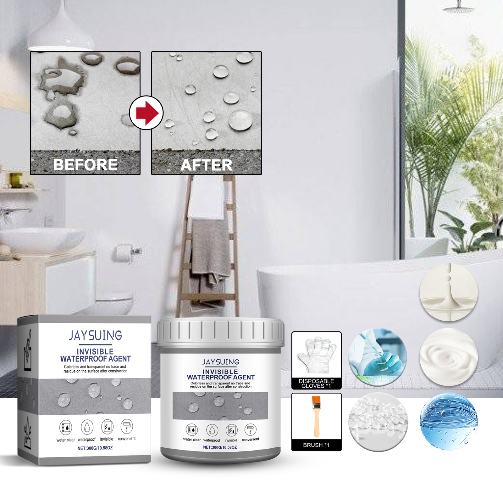 Brush-on sealant kit staged for bathroom repair