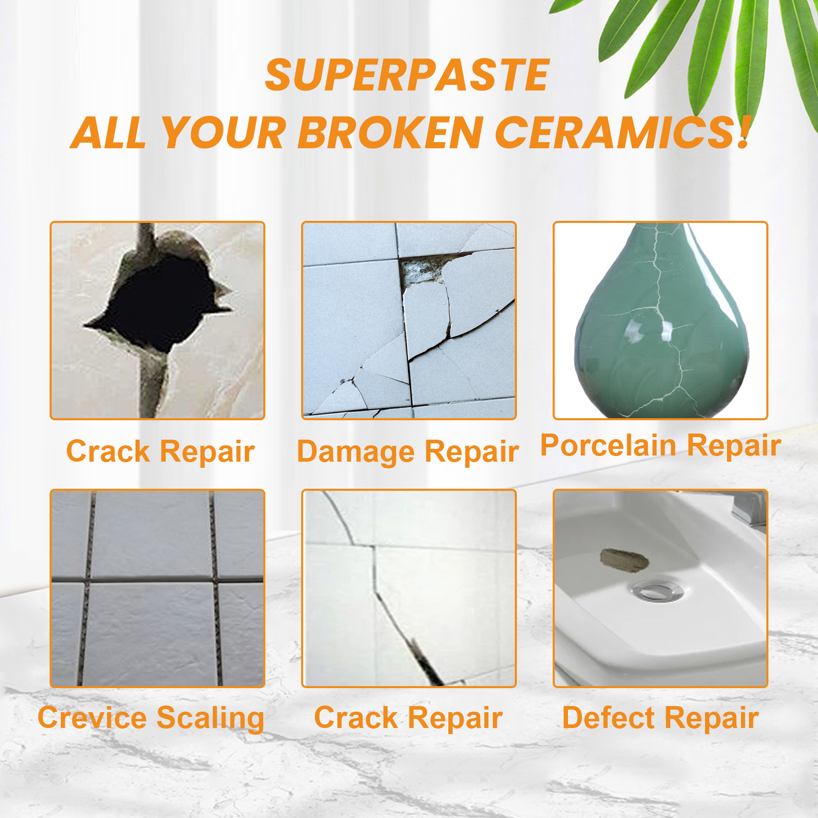 Ceramic cracks, holes, and chips shown for repair