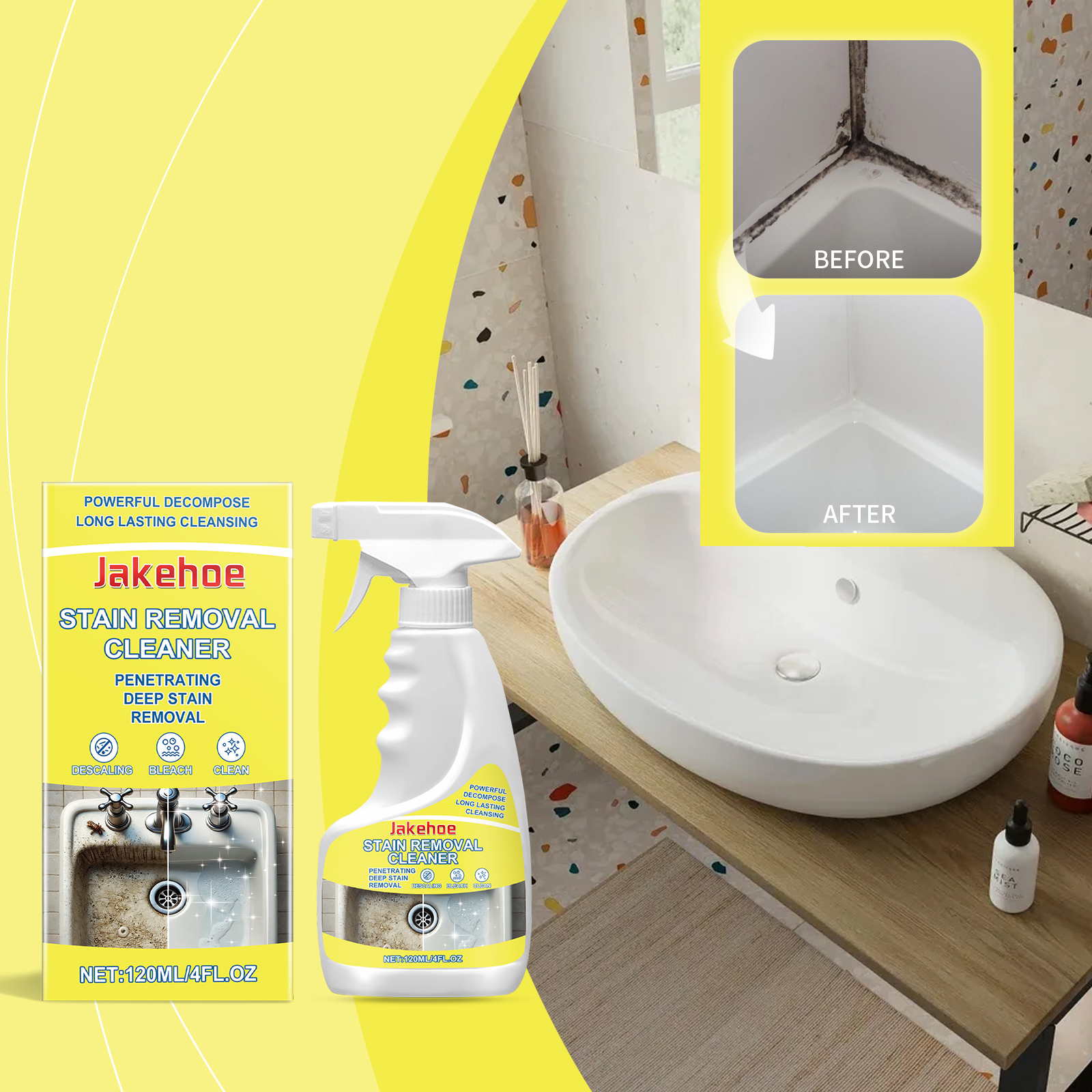 Bathroom corner showing dark grime and cleaner surface