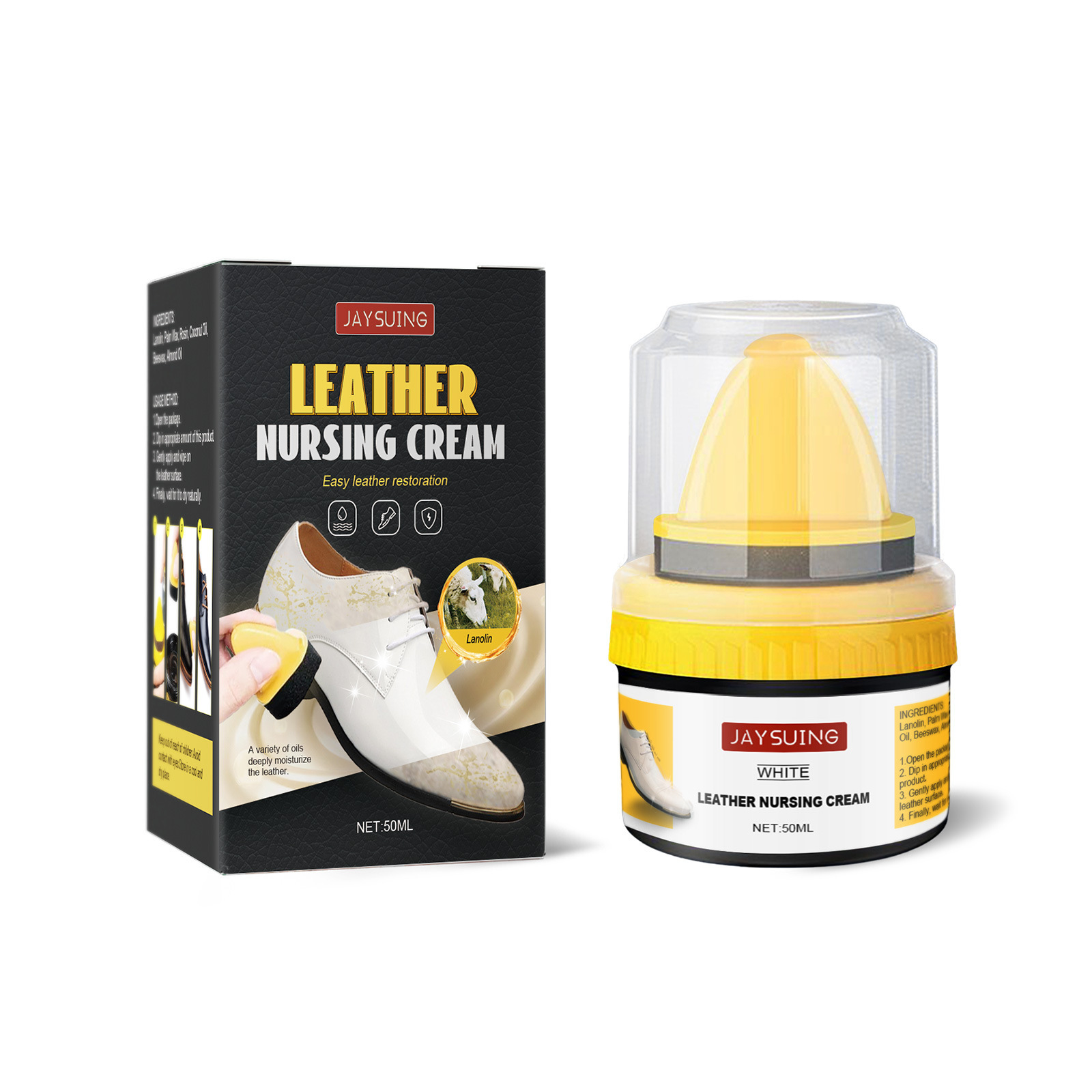 White leather polish variant beside its portable product box