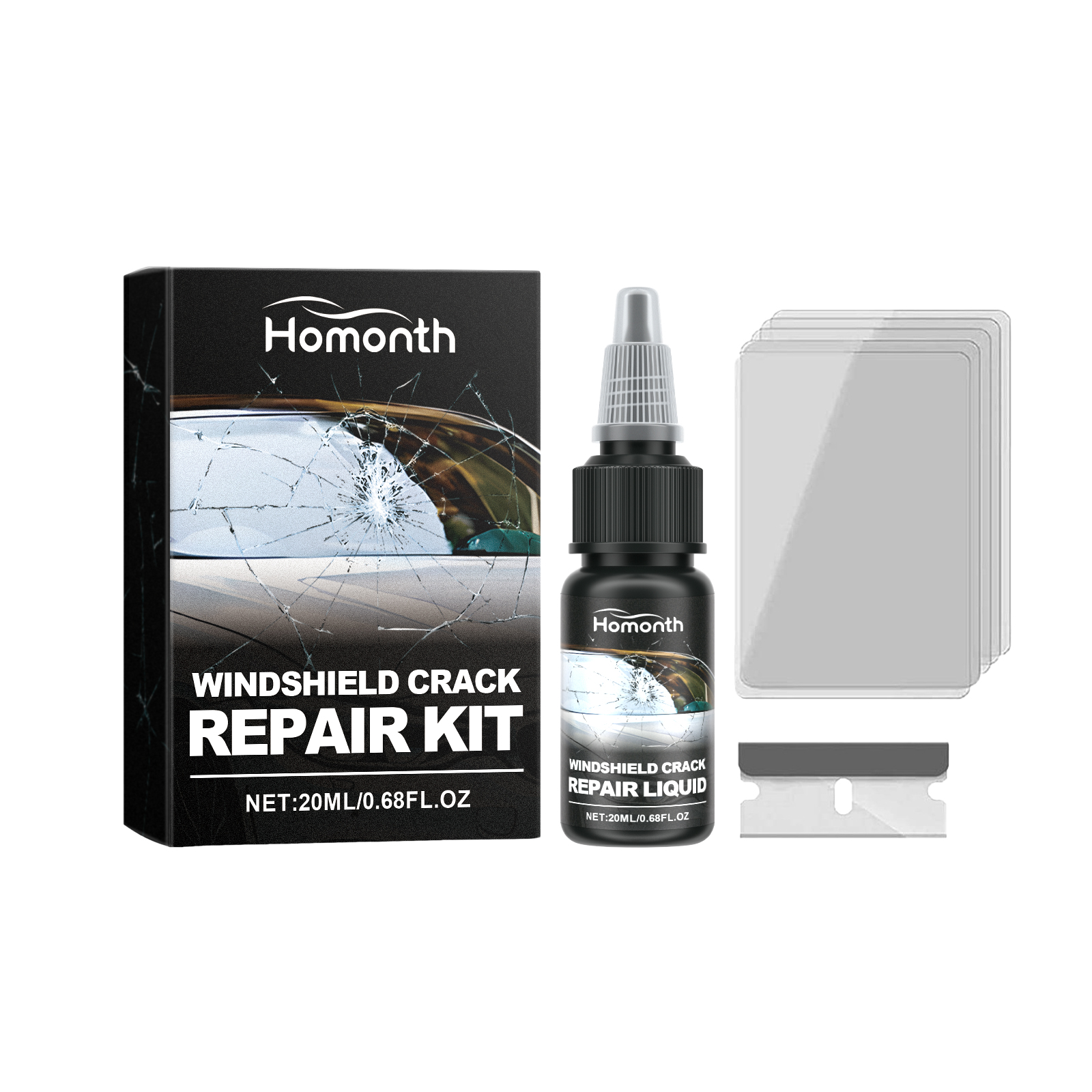 Rectangular curing sheets beside windshield repair bottle