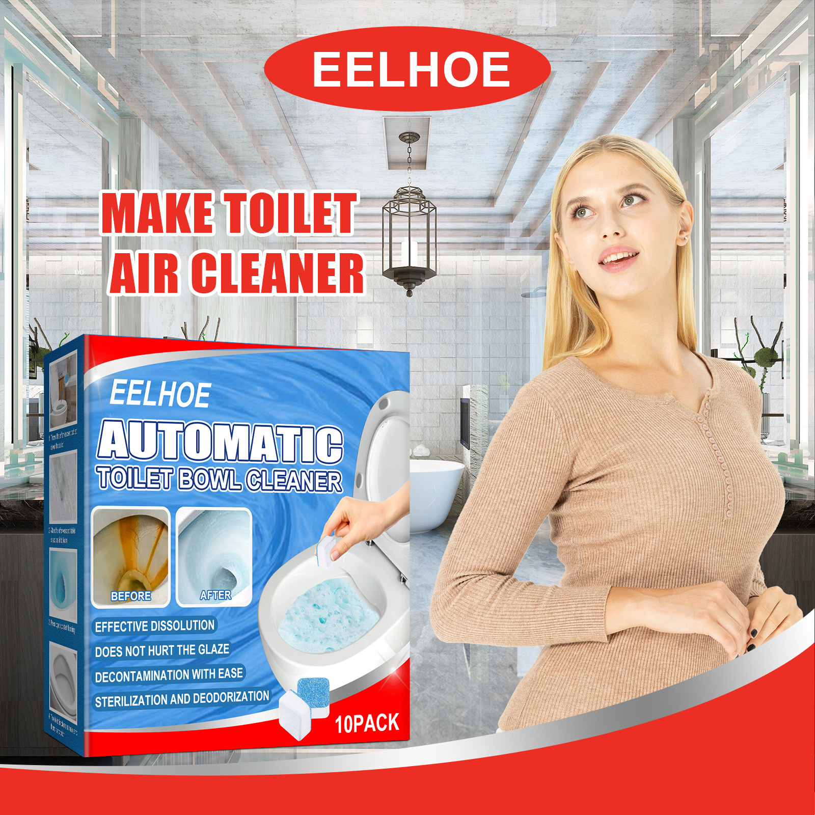 Bright bathroom scene with toilet deodorizing tablets
