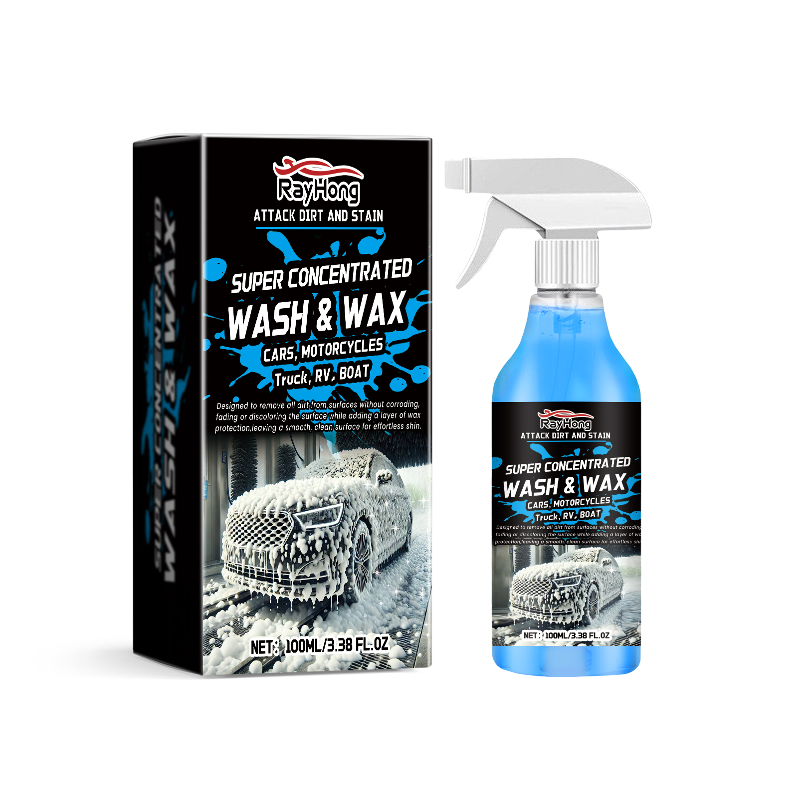 Blue concentrated vehicle cleaner with labeled retail box