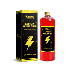 Full-size battery fluid bottle beside branded box