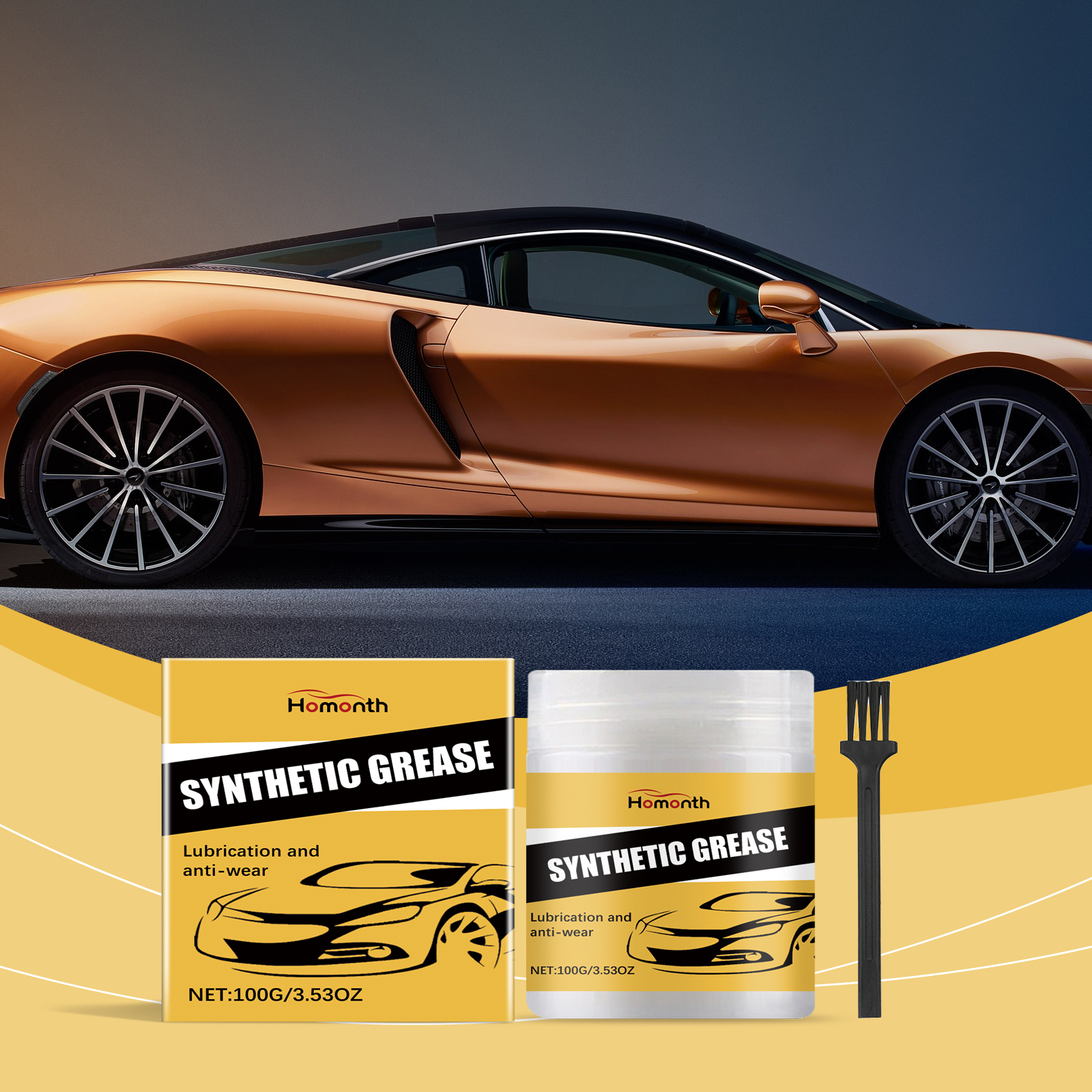 Grease kit staged beside a copper sports car