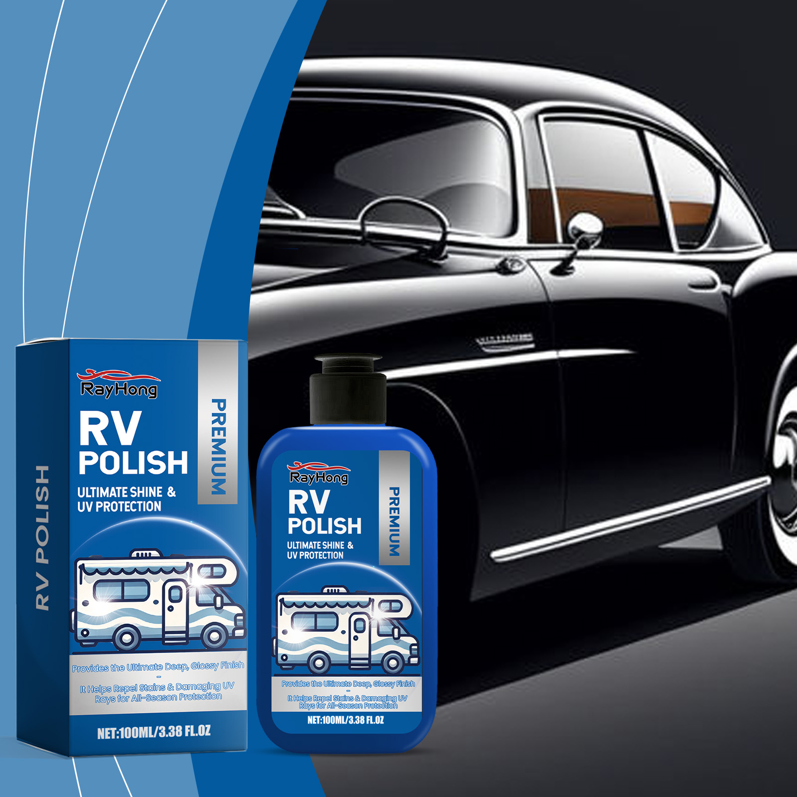Classic black car with strong glossy paint reflections