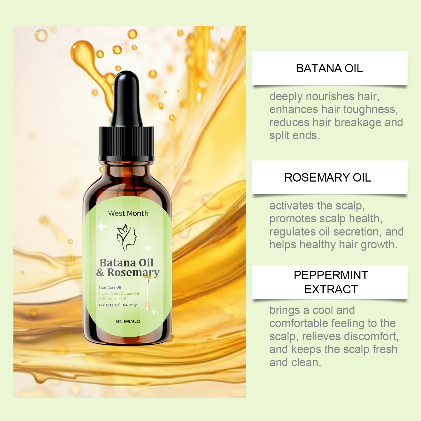 Hair oil bottle with rosemary batana and peppermint callouts