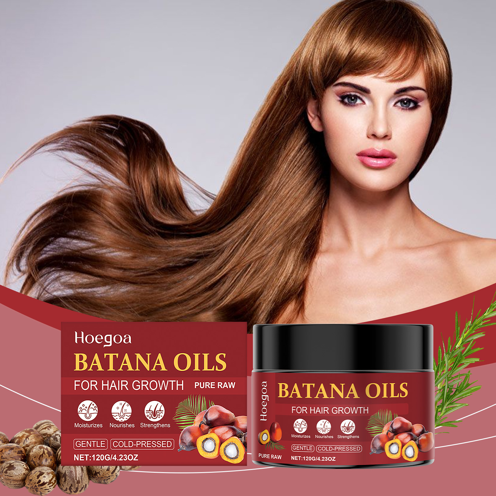 Woman with shiny hair beside batana treatment