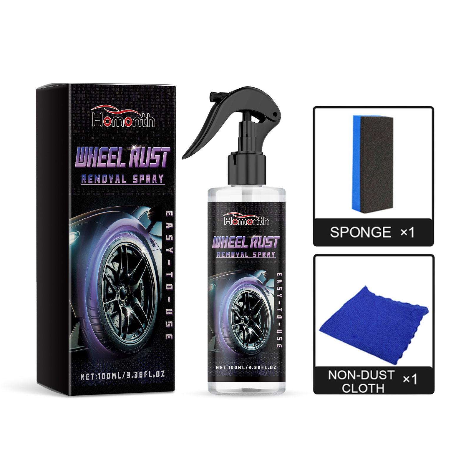 Labeled 100ml wheel rust remover bottle and box