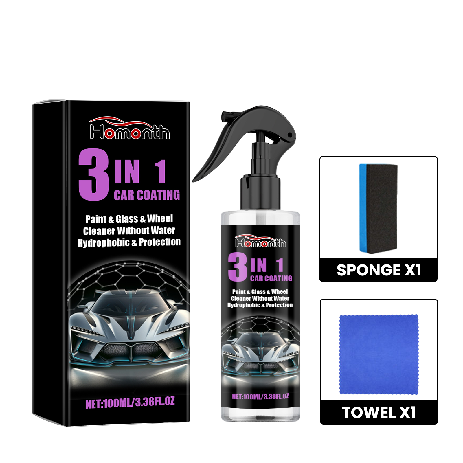 Automotive spray bottle with product box and accessories