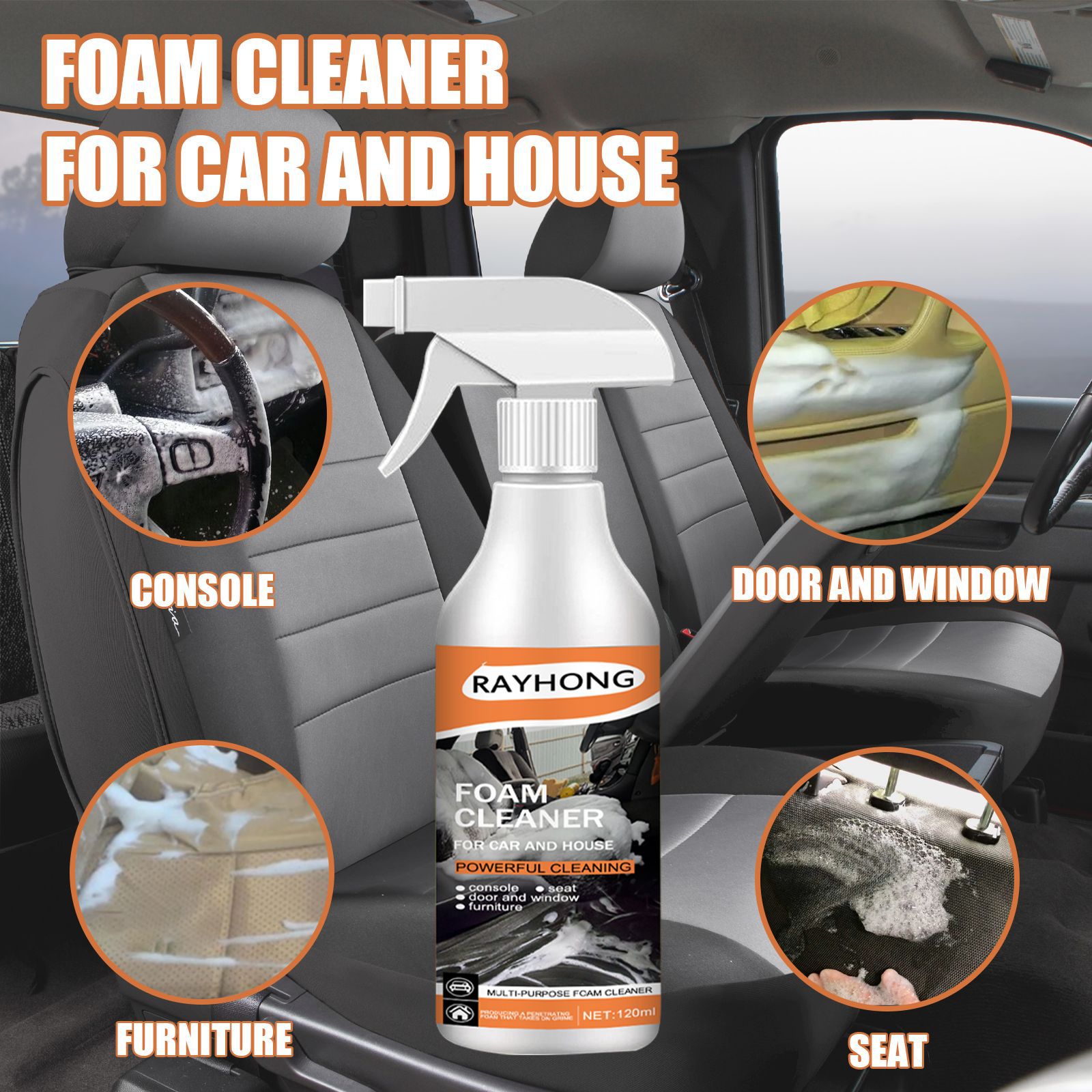 Rayhong cleaner shown for car and home surfaces