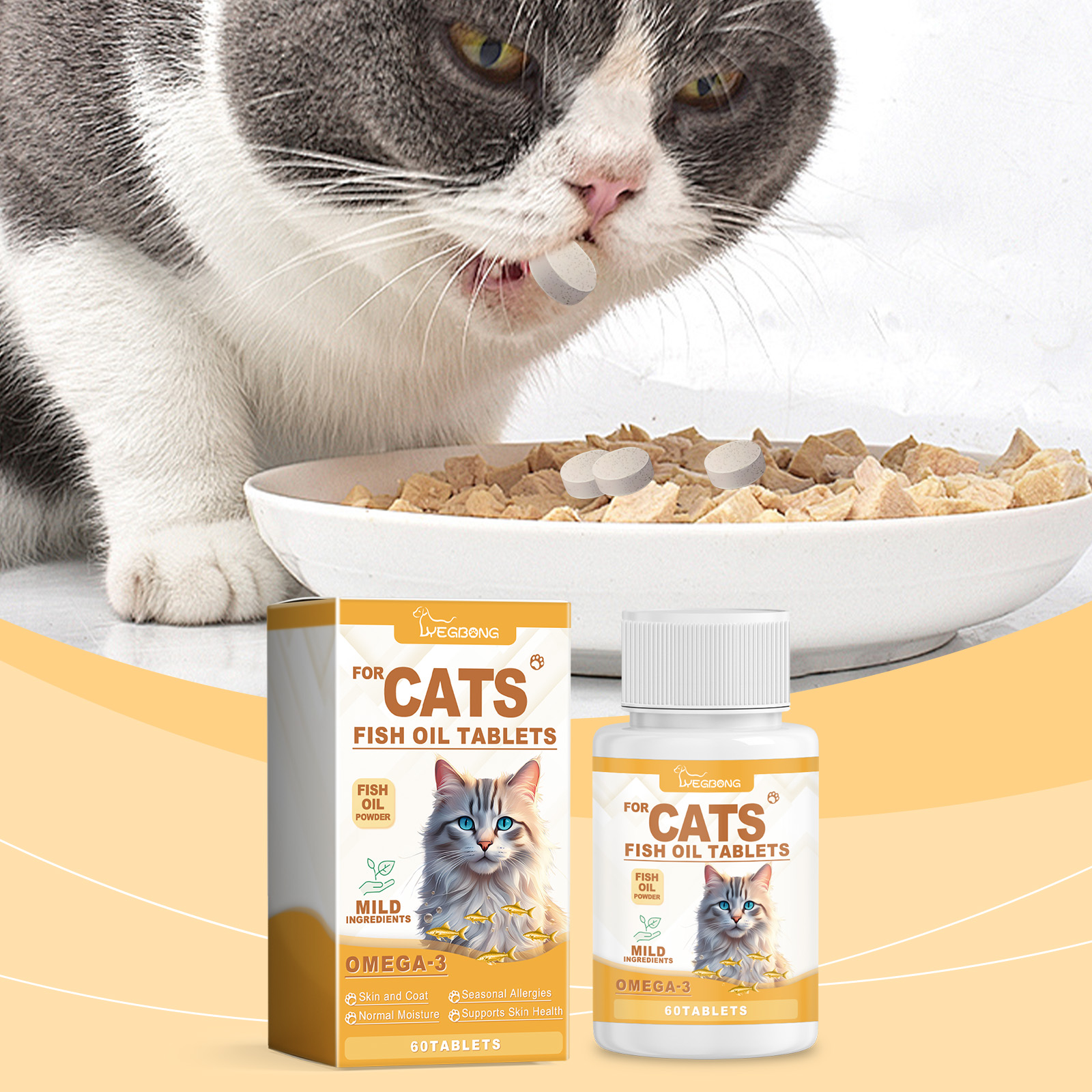 Cat eating beside daily fish oil supplement