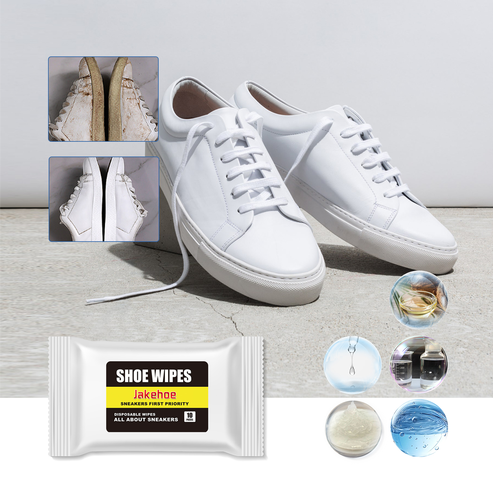 White sneaker beside wipe sachet during surface cleaning