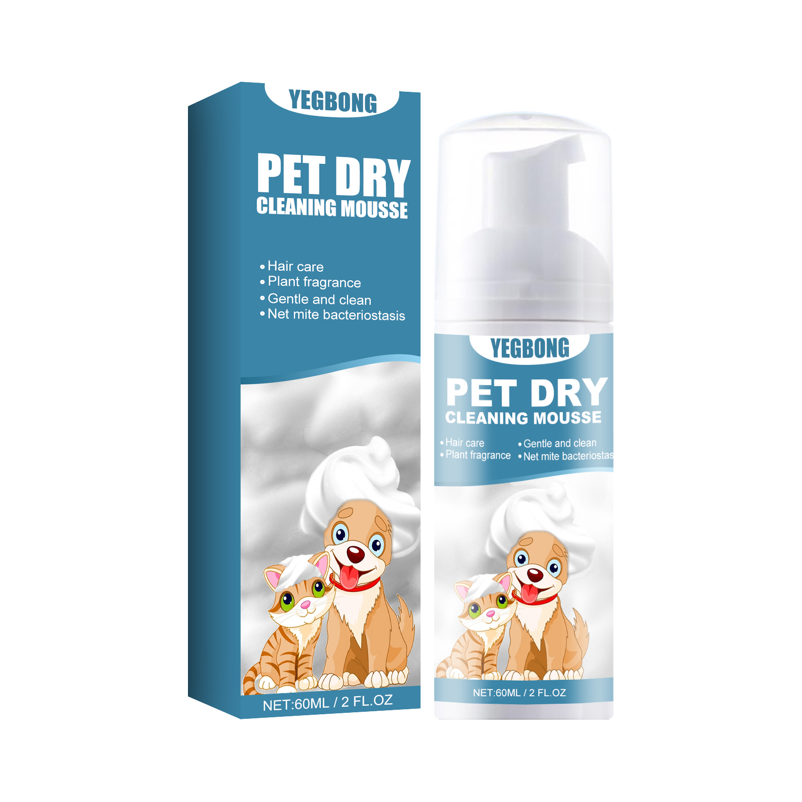 Pet cleanser label and carton with cat dog illustrations