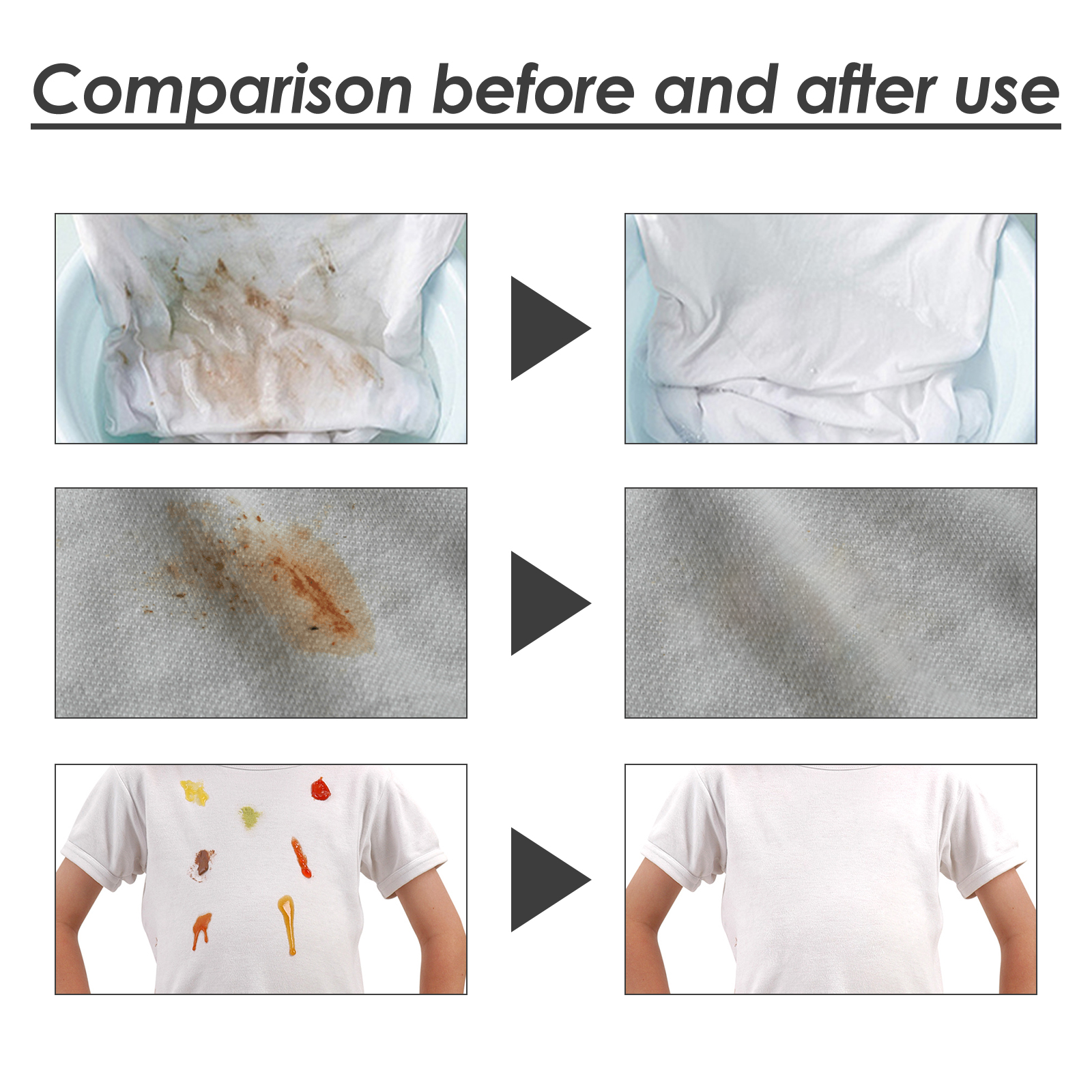 Before and after clothing stain reduction examples