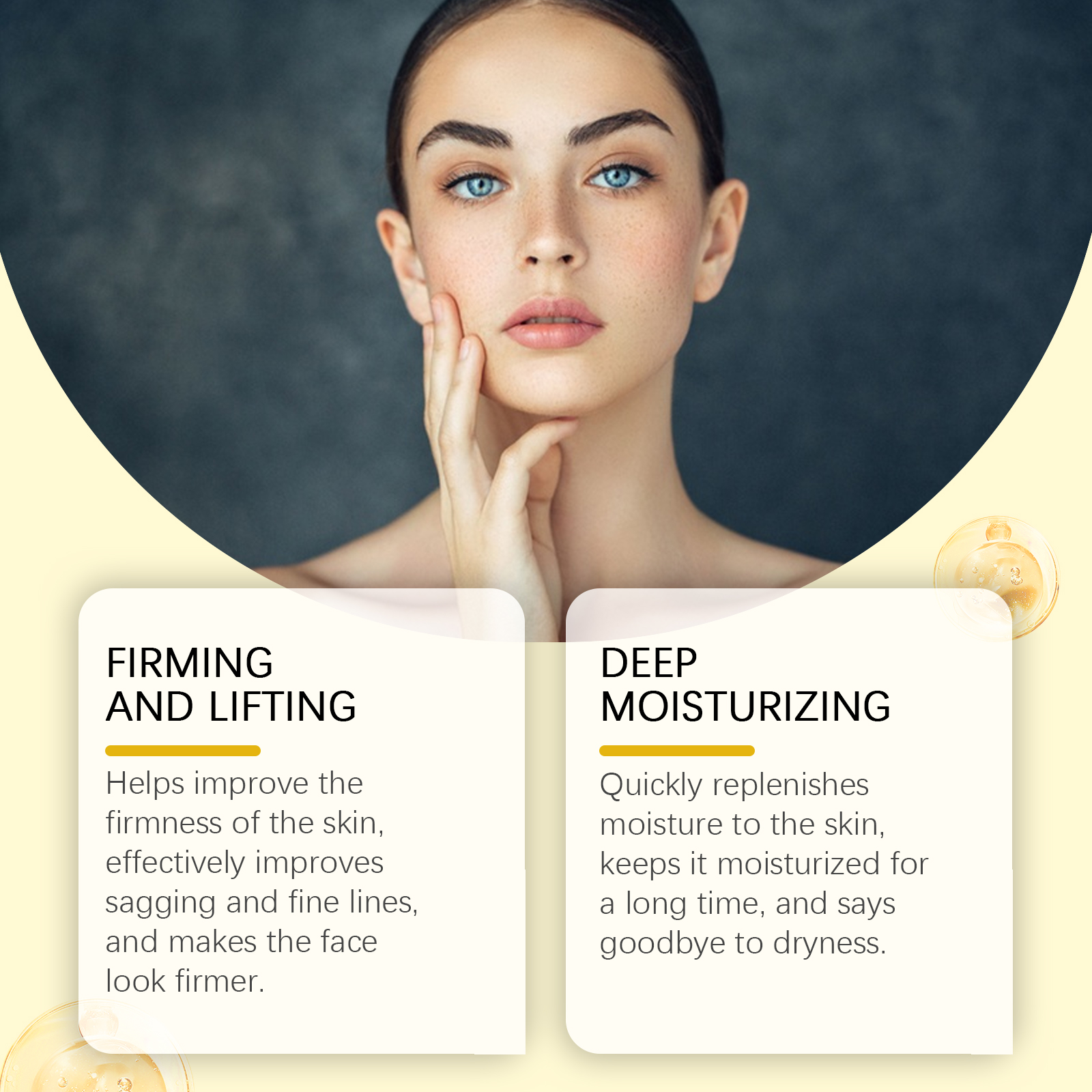 Woman beside firming and moisturizing rosehip oil claims