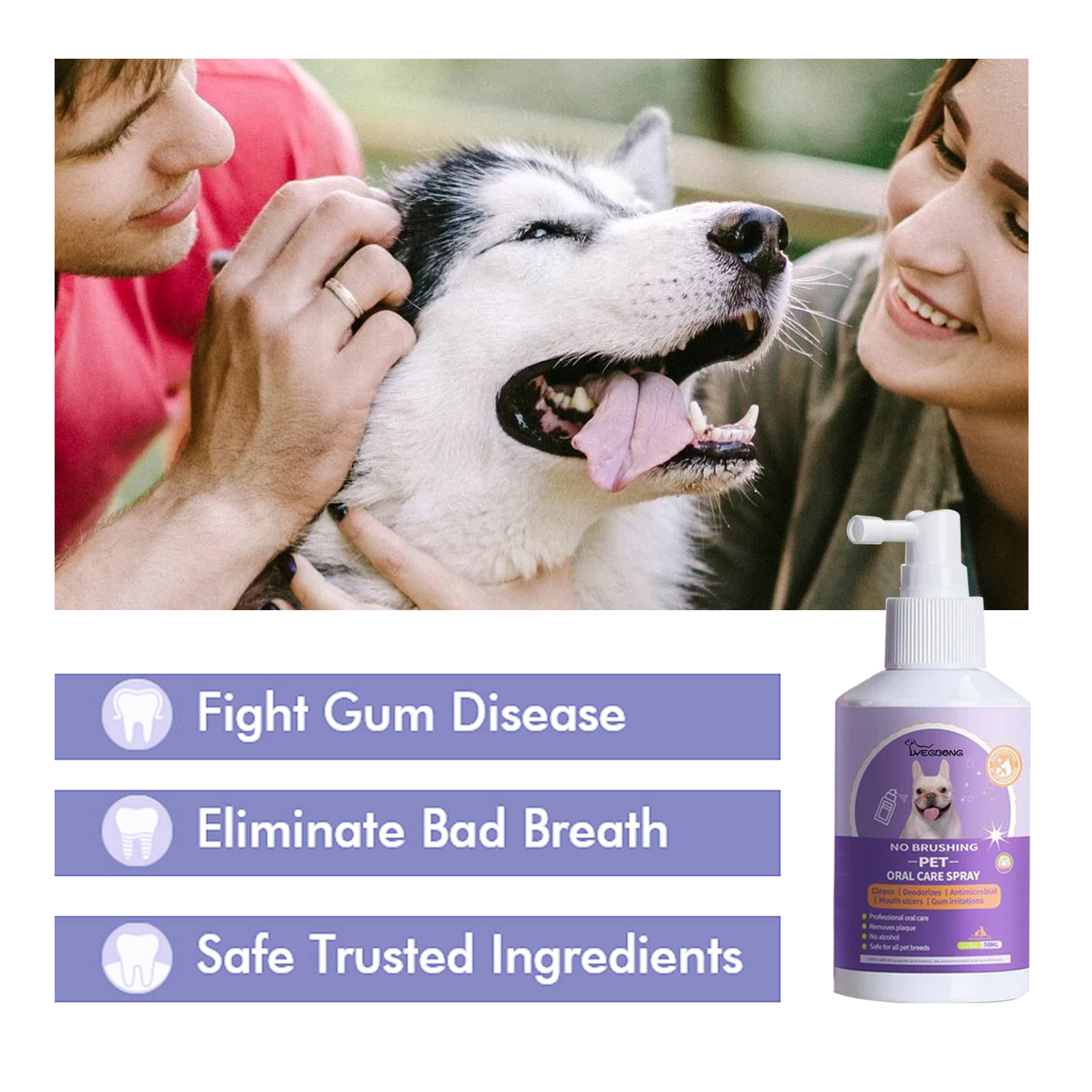 Purple pet oral spray bottle with pump dispenser on light surface