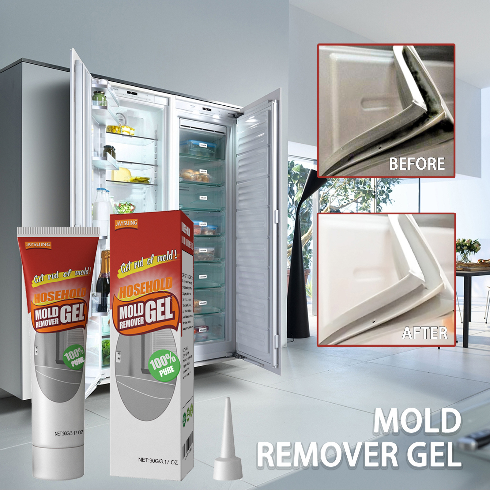 Mold gel shown with refrigerator seal cleaning result