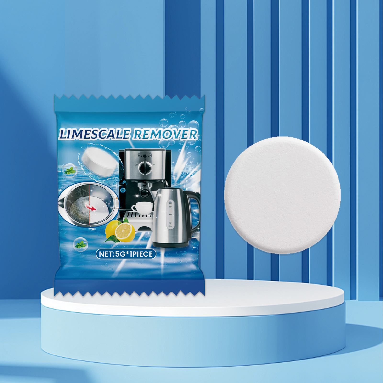 White tablet and sachet on blue presentation pedestal