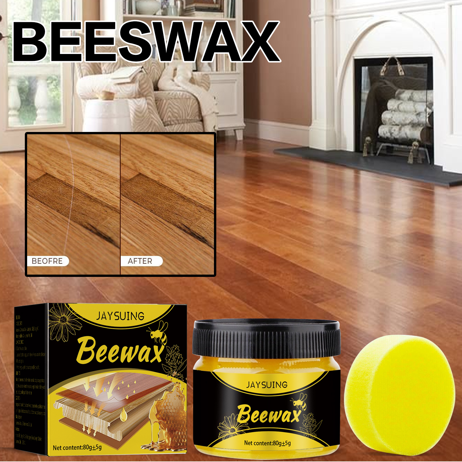 Round sponge beside solid yellow beeswax balm