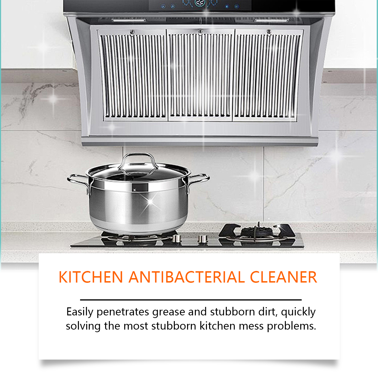 Bright kitchen range hood with cleaner packaging nearby