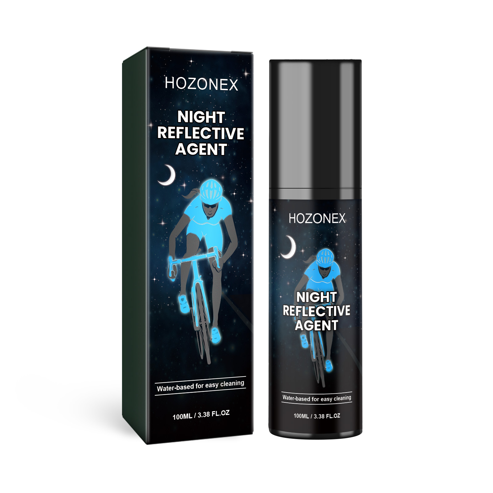 Electric blue reflective spray bottle and coordinated retail box