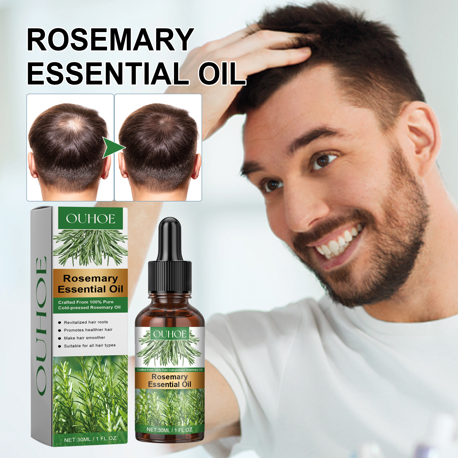 Groomed hair lifestyle scene with rosemary oil package
