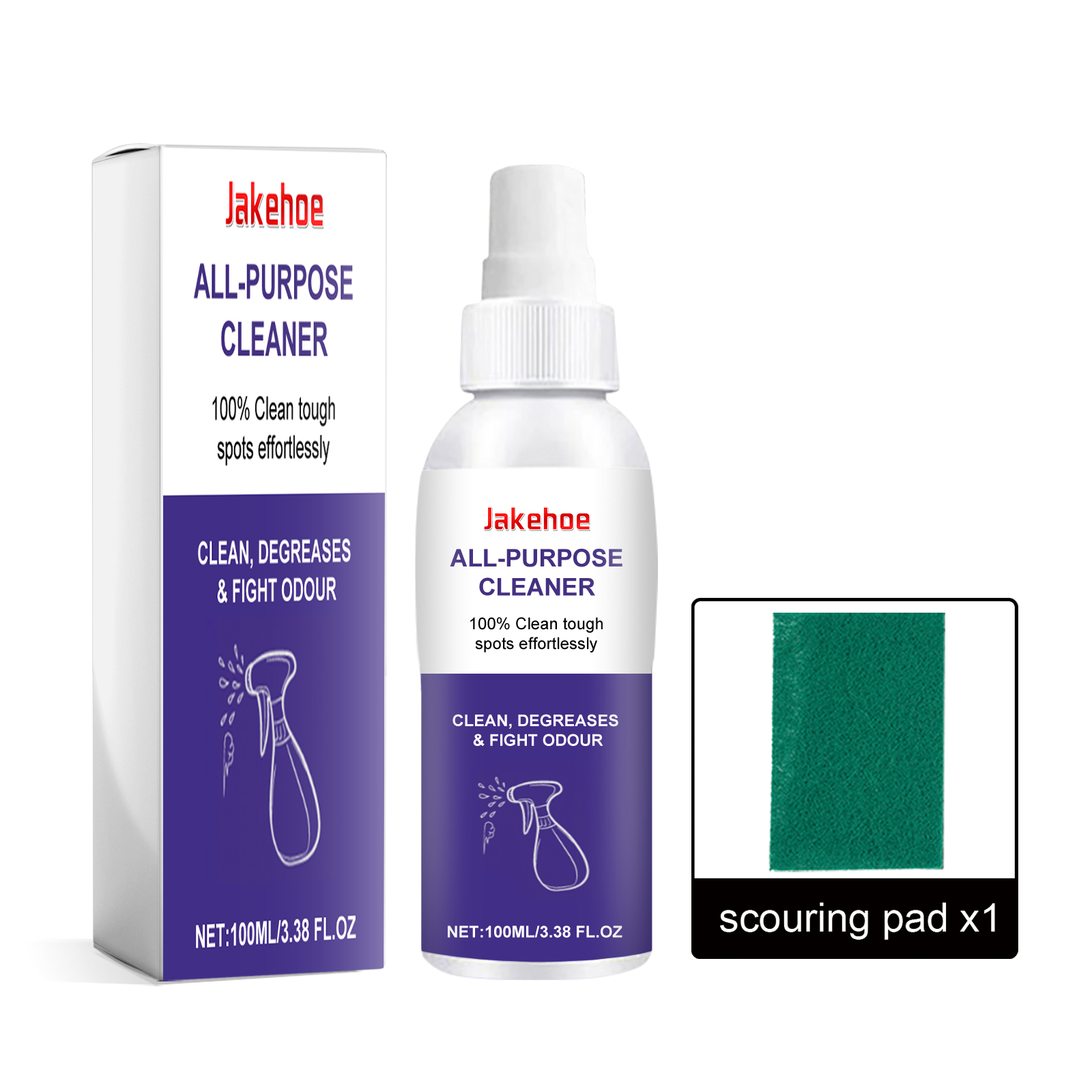 Compact white cleaning spray beside its box