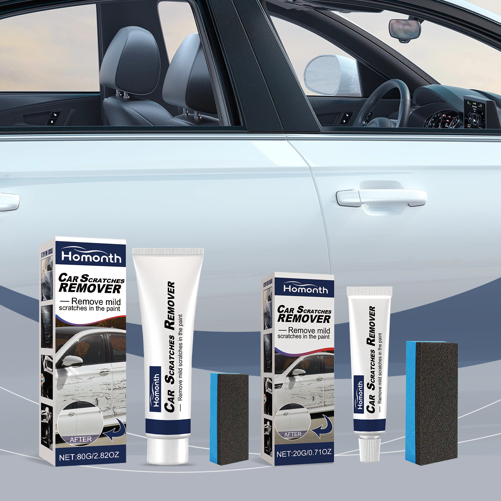 Homonth scratch remover beside white car door