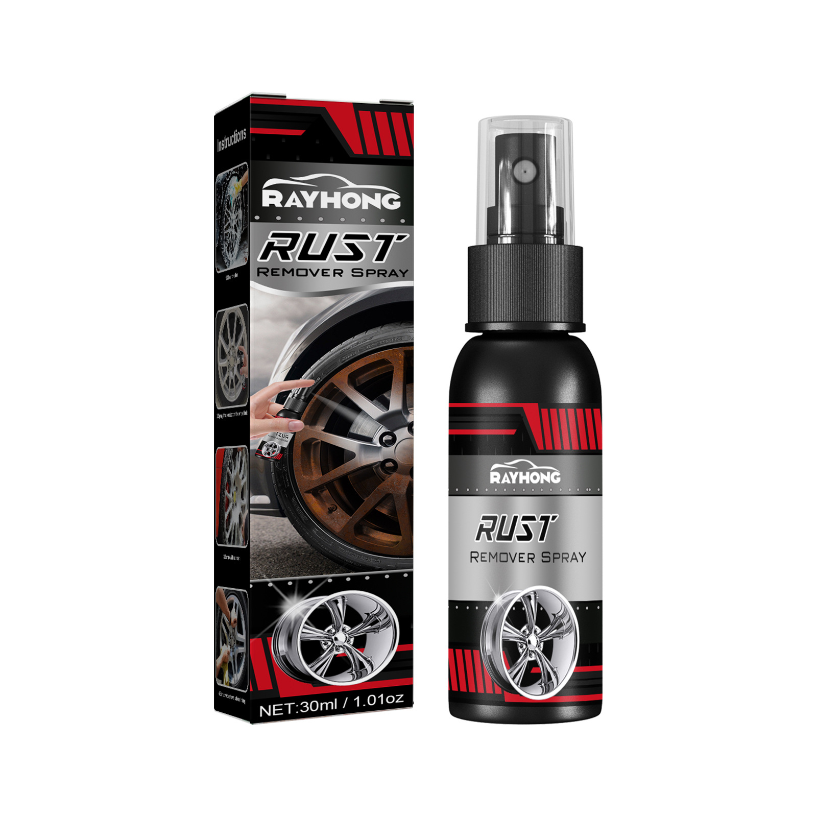 Compact rust remover bottle with protective cap and carton