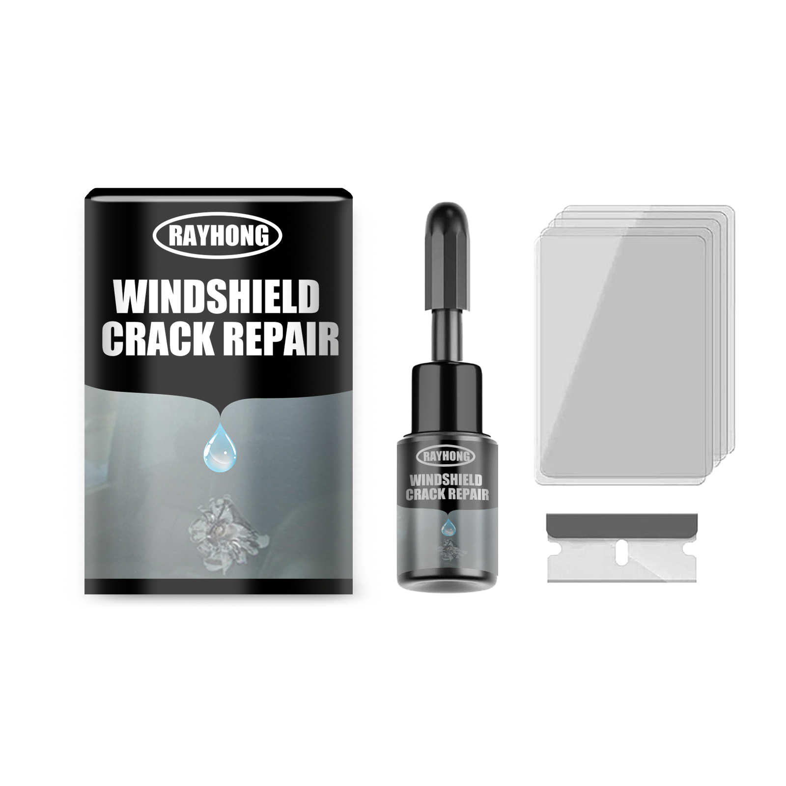 Dark dropper bottle included in windshield repair kit