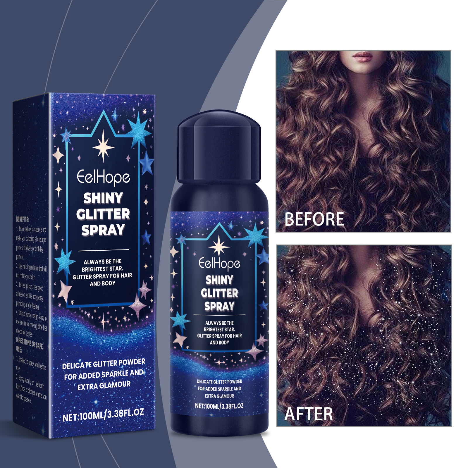 Glitter visibly brightening dark curly hair