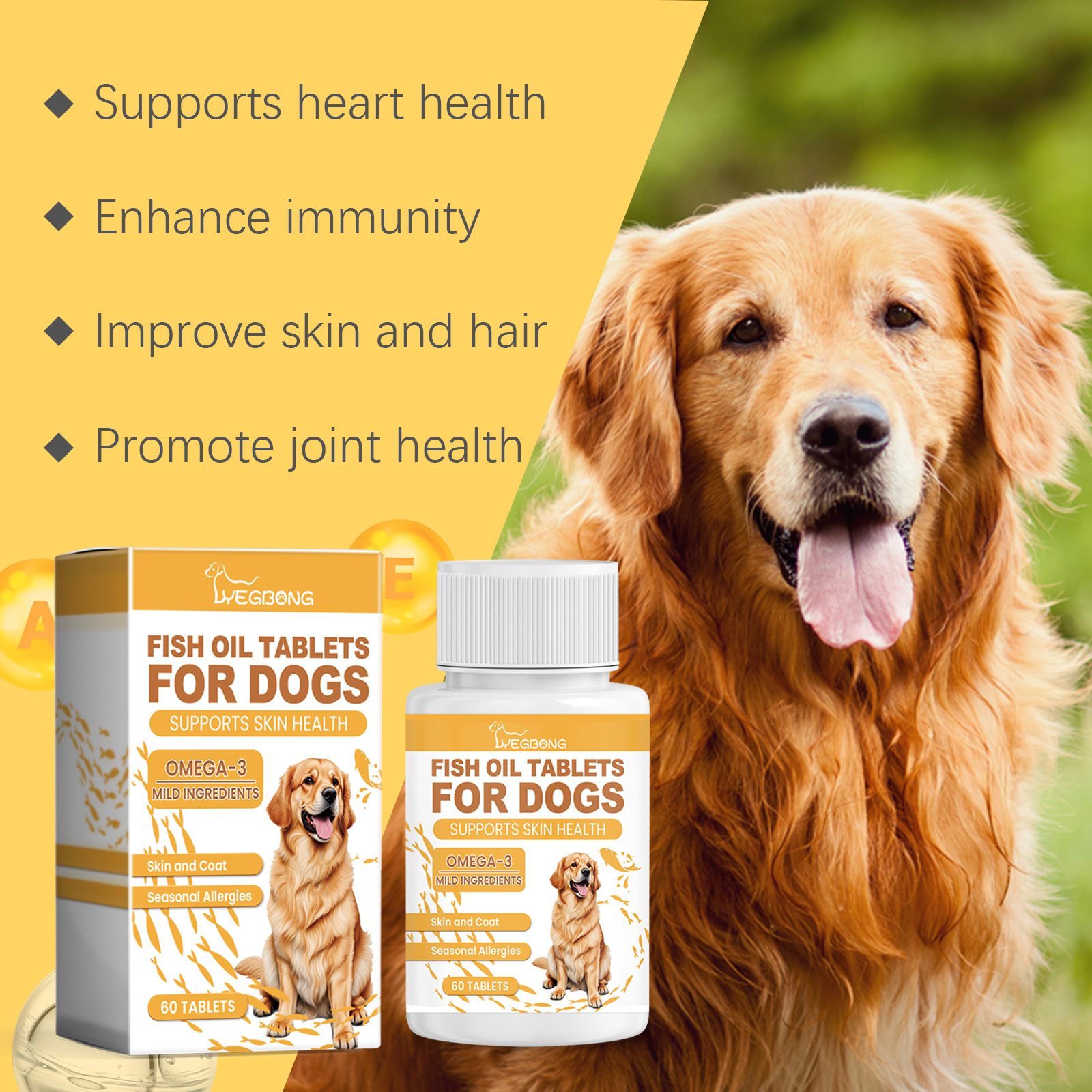 Golden retriever beside multi-benefit supplement carton