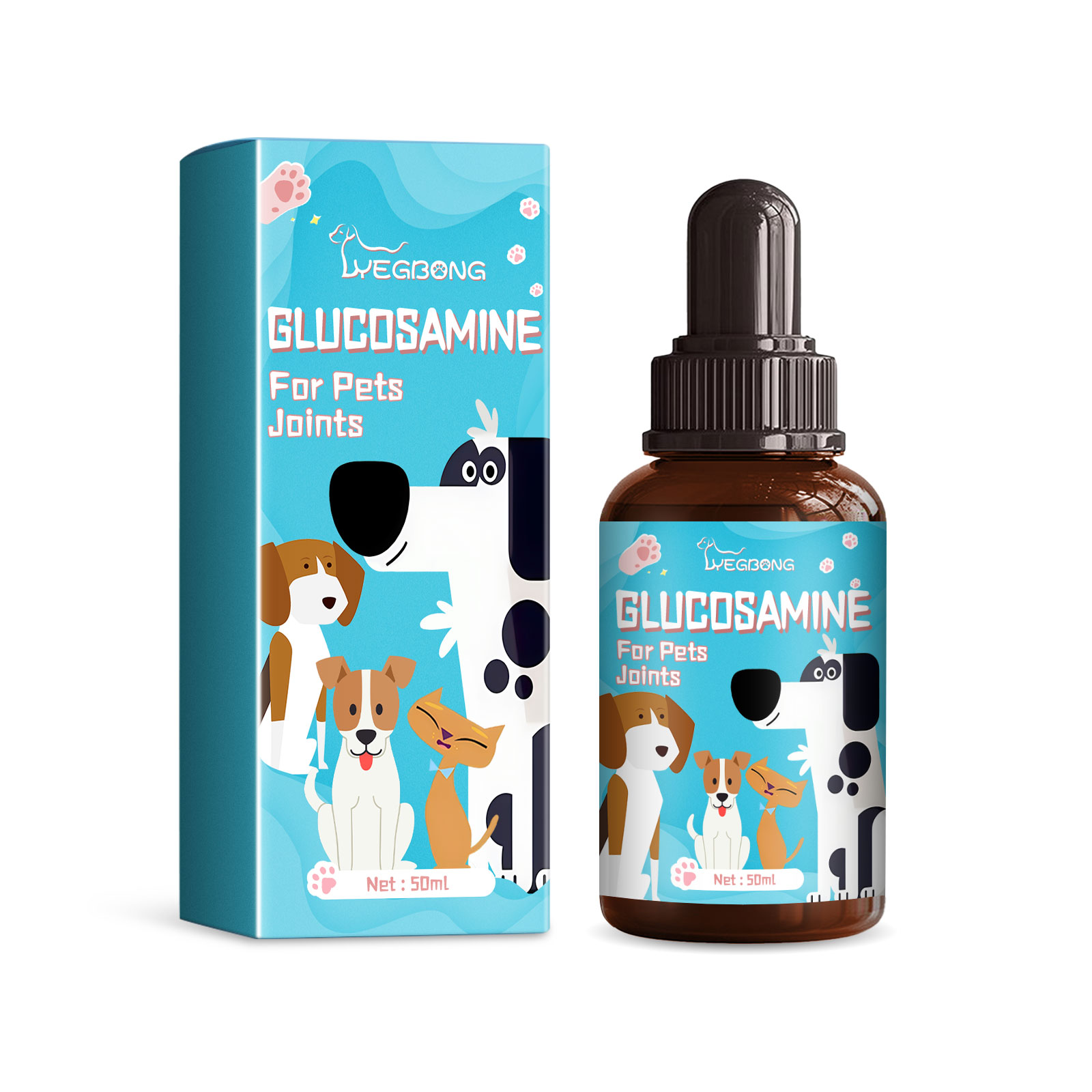 Illustrated pet glucosamine bottle and box