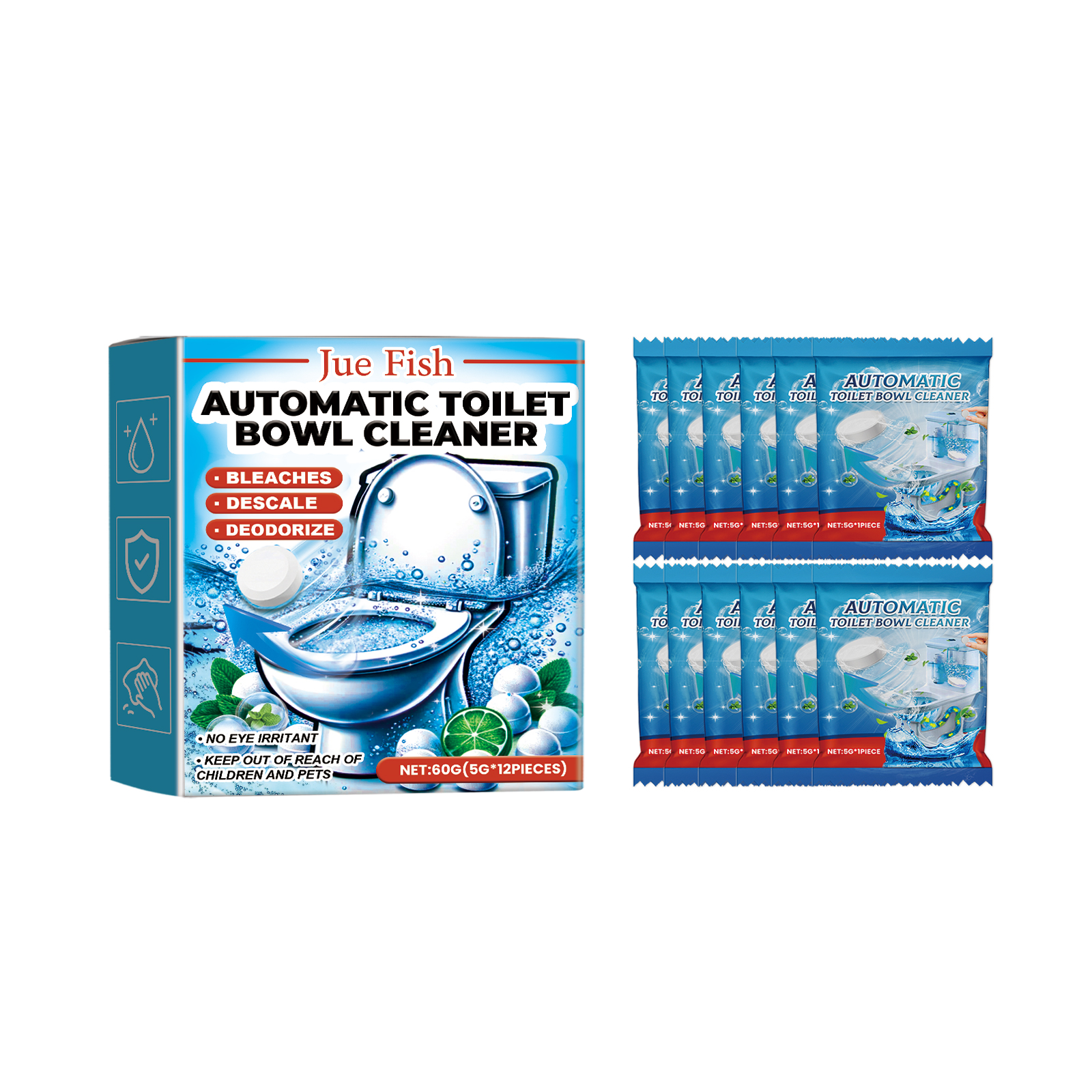 Rows of individually wrapped blue toilet cleaning tablets