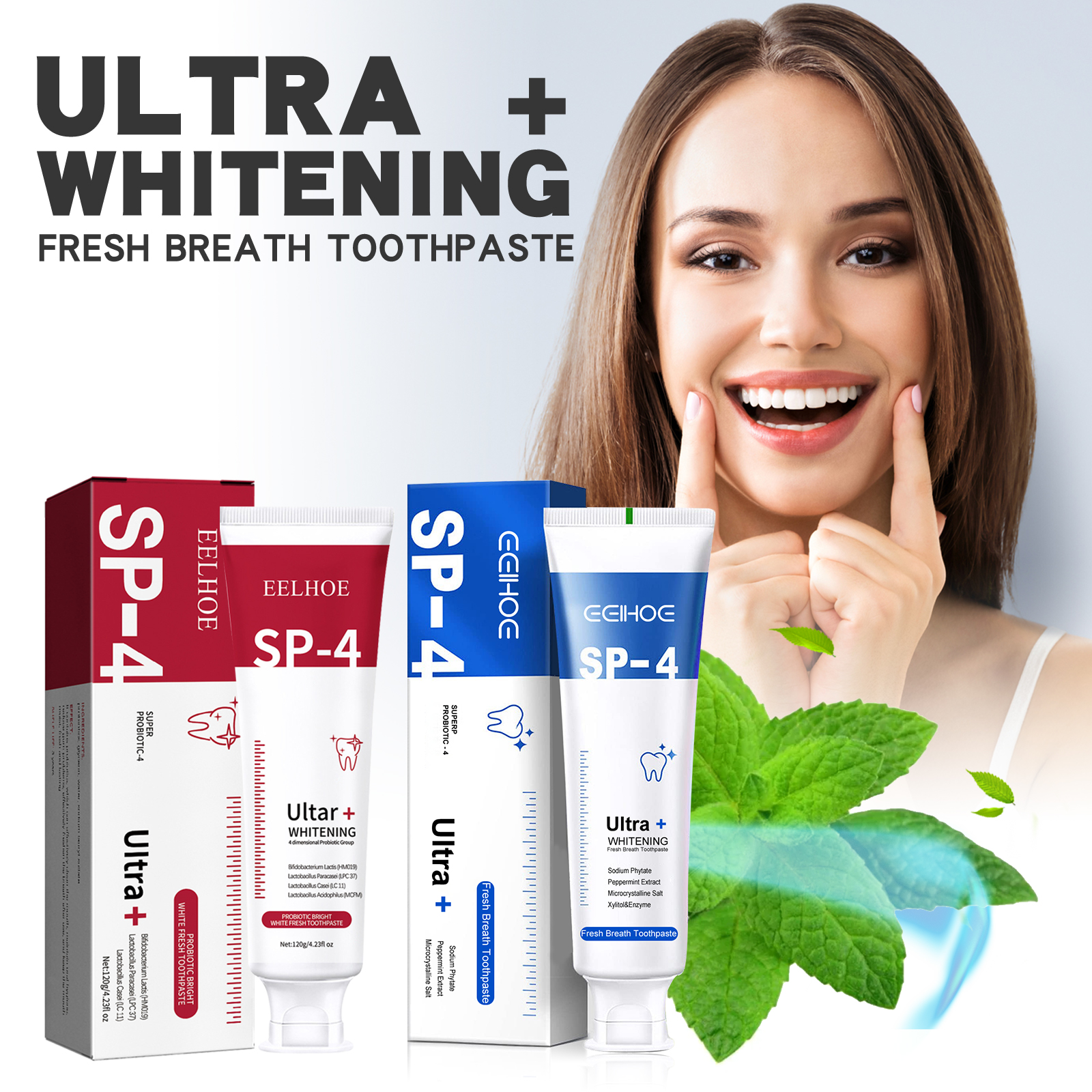 Confident smile beside EELHOE whitening toothpaste and mint