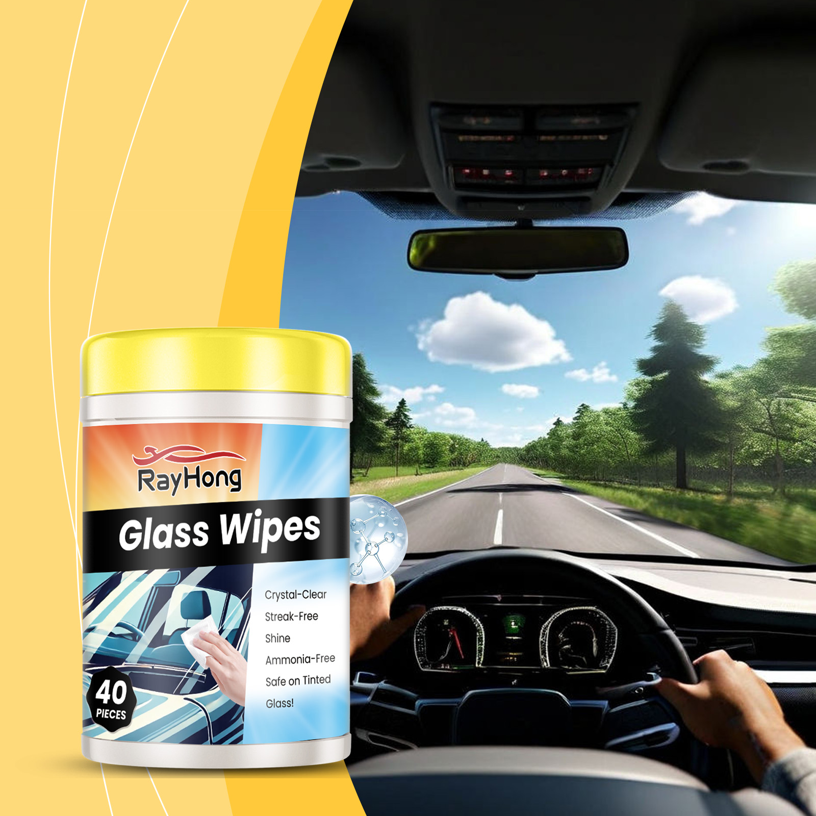 Portable glass wipe canister beside clear windshield road view