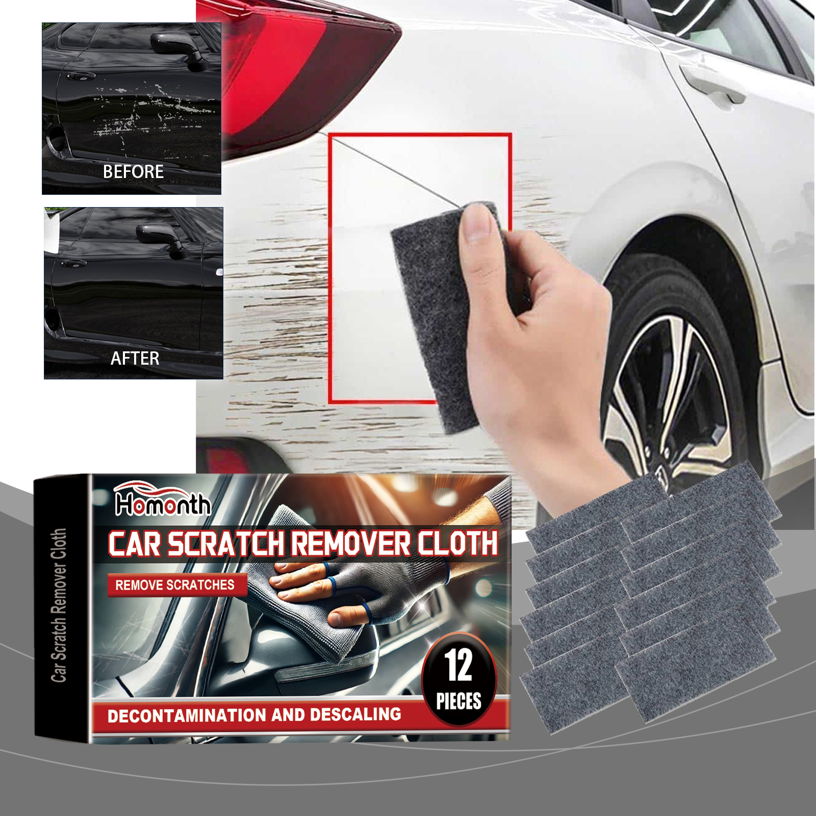 Before and after scratch treatment on dark car surface