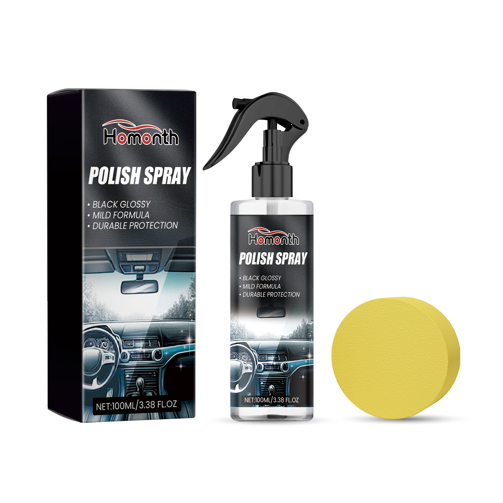 Automotive polish packaging with glossy finish claim