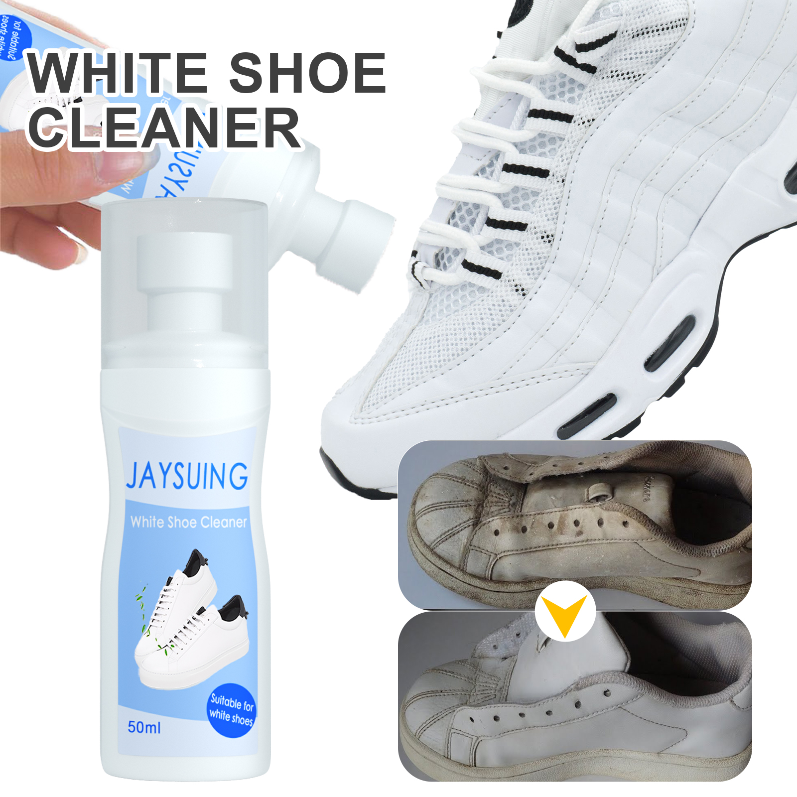 Cleaner bottle beside white sneaker comparison panels