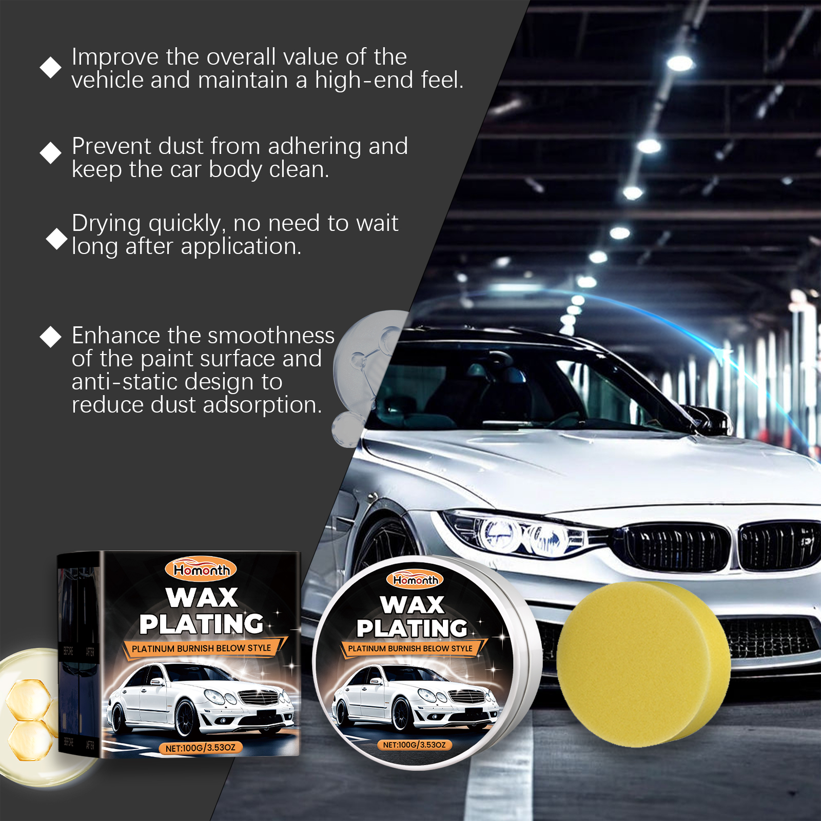 Wax set beside clean silver car in bright garage