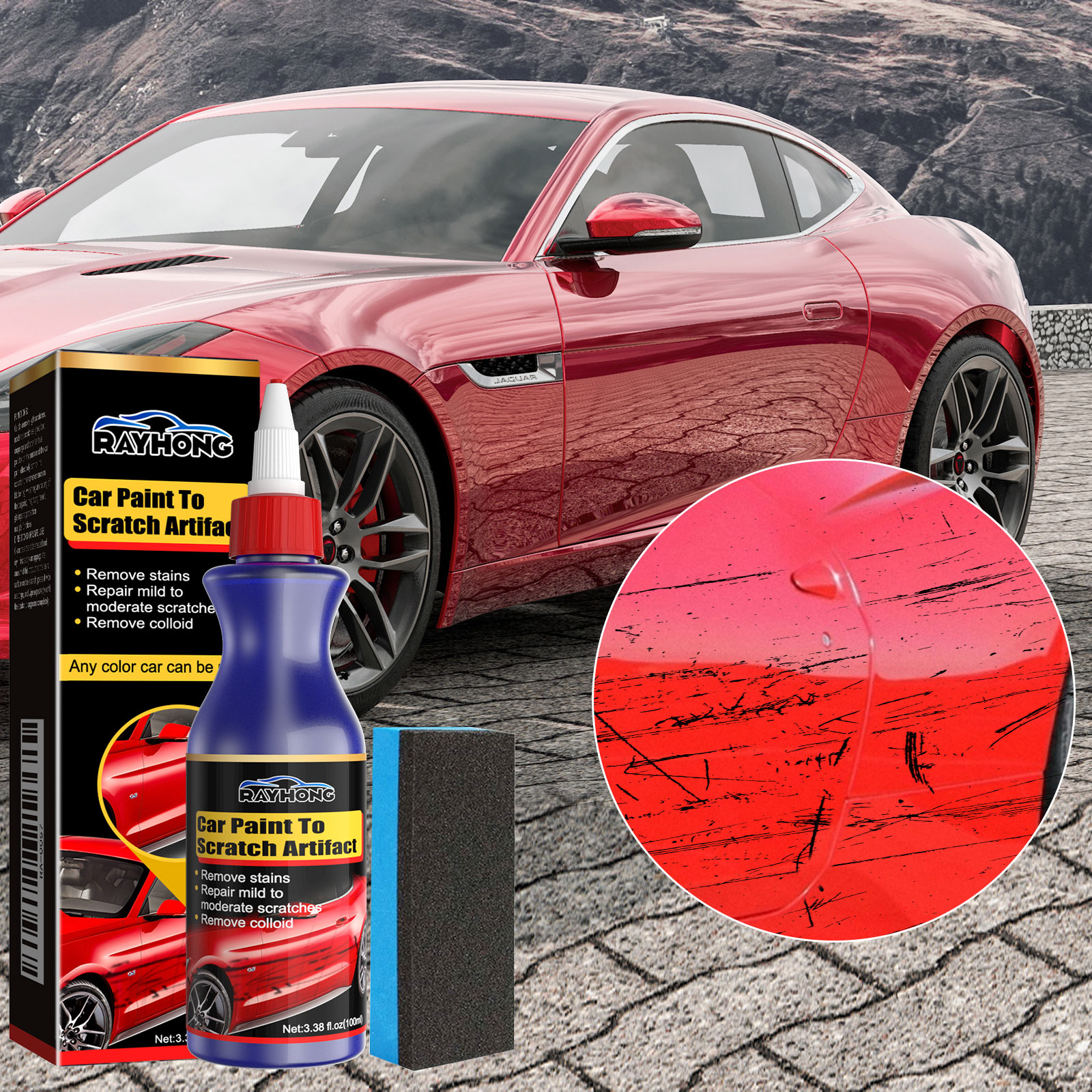 Scratched red vehicle panel beside Rayhong repair kit